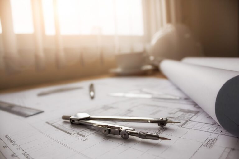 Image of engineering objects on workplace top view